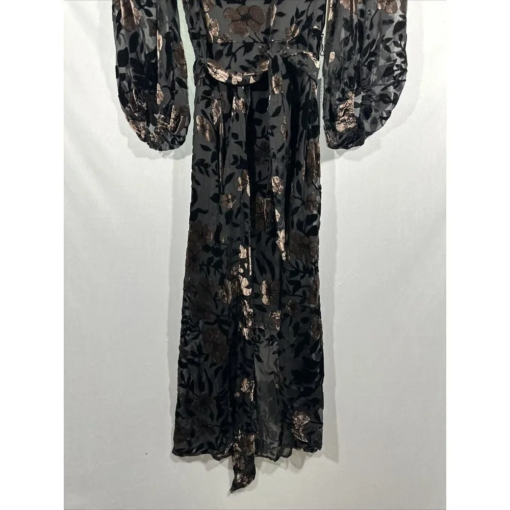 NWT $198 Eliza J [ 0 ] Velvet-Burn Floral Puff Sleeve High Low Dress Black #J238